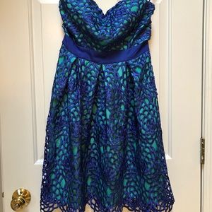 Strapless blue and green semi-formal dress
